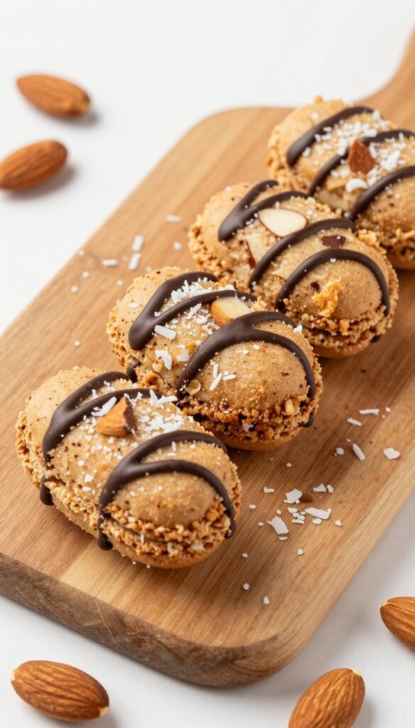 Keto macaroons with toasted almonds and dark chocolate drizzle on a wooden board.