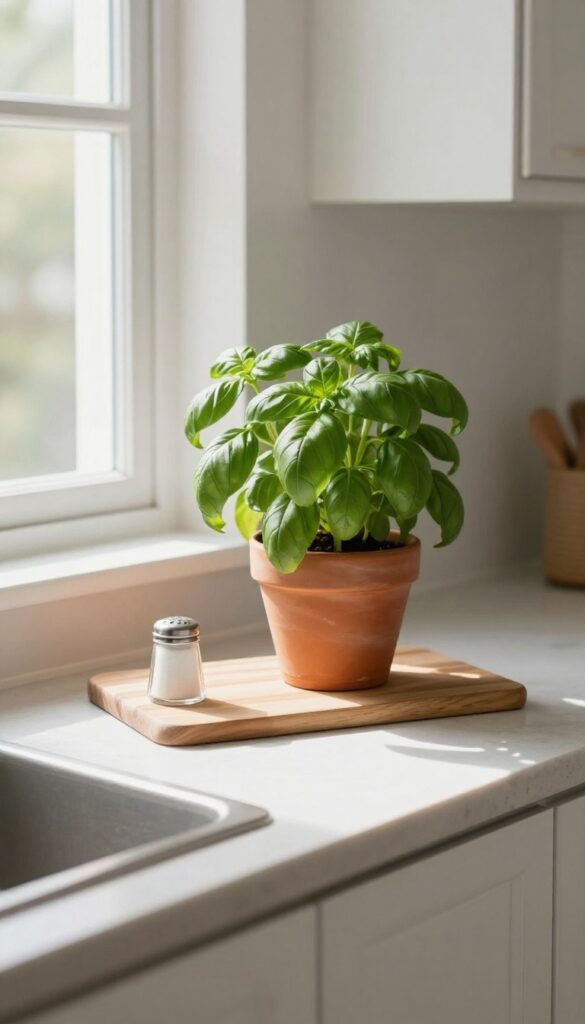 A small basil plant in a terracotta pot on a clean kitchen counter near a window, with a cutting board and salt cellar.
