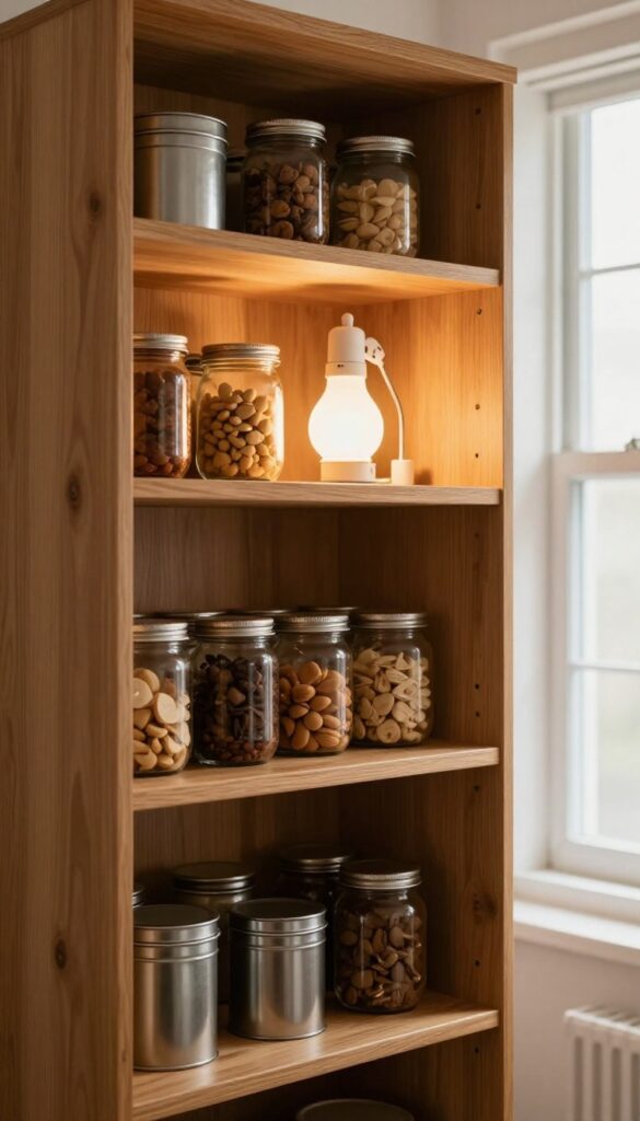 A clip-on light attached to a pantry shelf, illuminating jars and canisters in a dark corner.