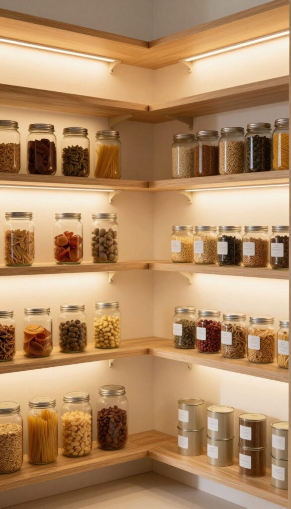 A cozy pantry with soft warm lighting under shelves, illuminating organized glass jars and containers.