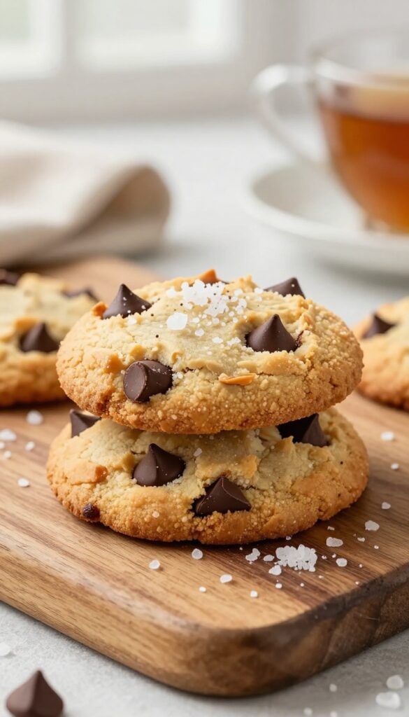 Stack of almond flour chocolate chip cookies with sea salt on a wooden board.