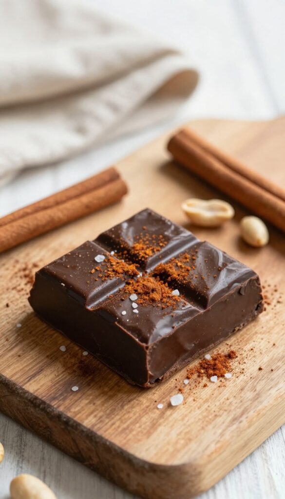 Dark chocolate peanut butter fudge with cayenne and cinnamon on a wooden board