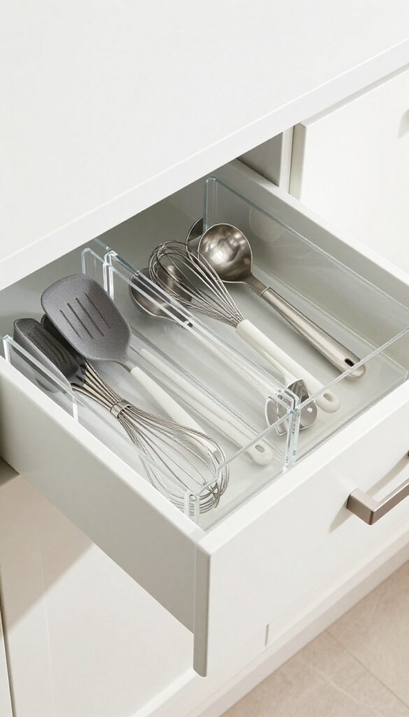 Deep kitchen drawer with adjustable dividers organizing utensils and tools neatly