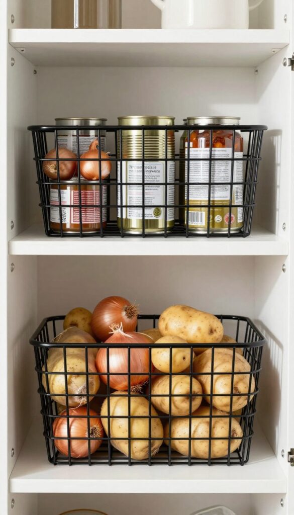 Pull-out wire baskets in an open pantry storing bulk potatoes and canned goods