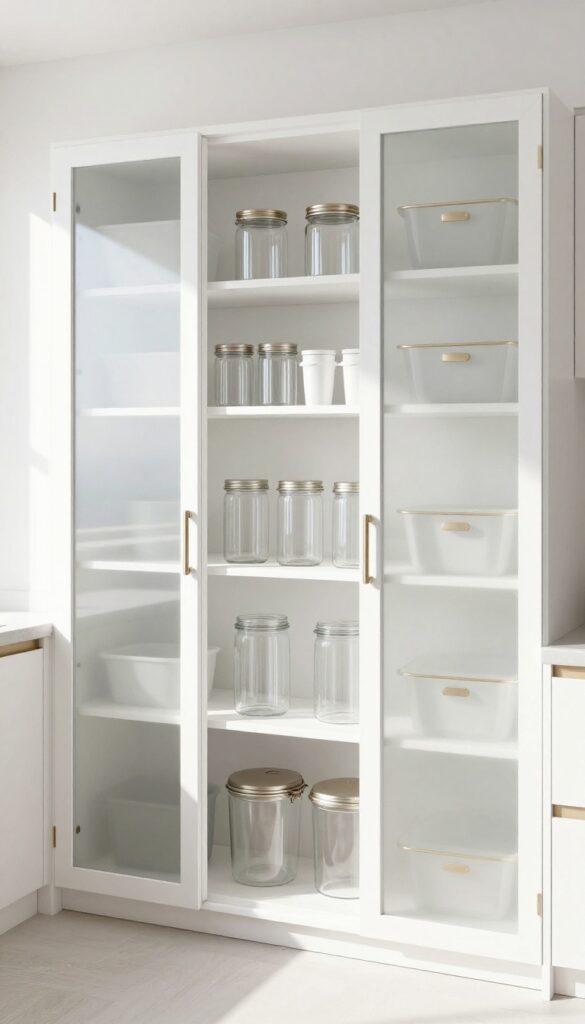 Frosted glass pantry doors in a bright kitchen, allowing soft light while hiding contents.