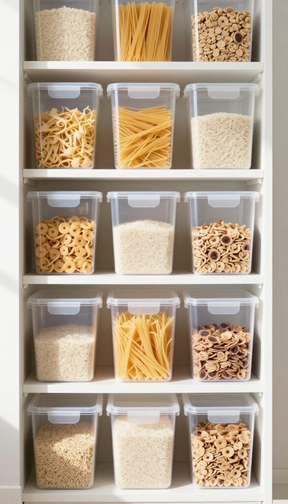 Clear bins for dry goods in a well-organized pantry