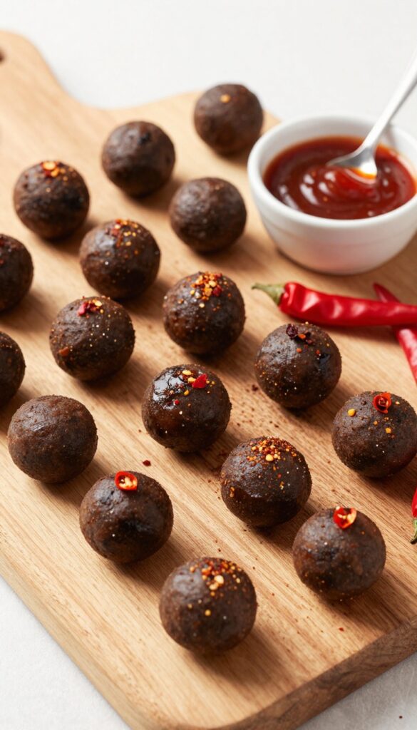 Spicy peanut butter sriracha fat bombs on a wooden board with red pepper flakes and chili peppers.