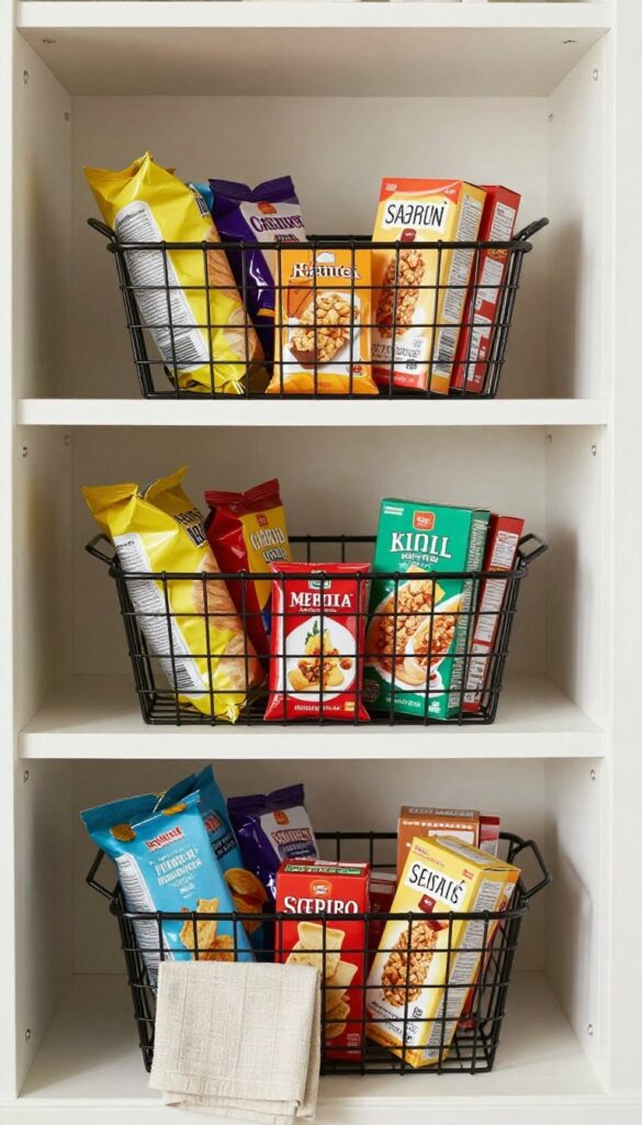 Stackable wire baskets on open pantry shelves holding snack packs, with natural light and clean composition.
