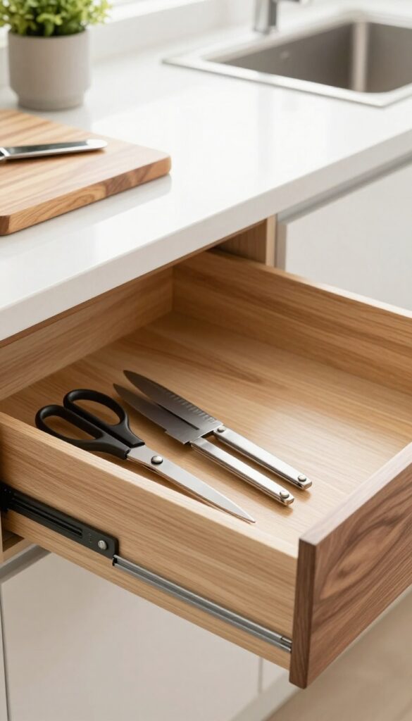 Open kitchen drawer with built-in wooden knife block and magnetic strip for scissors, natural light, clean and organized.