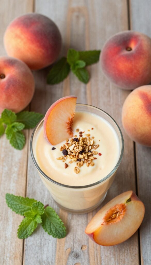Creamy peach yogurt smoothie in a glass with fresh peach slices and granola on a wooden table.