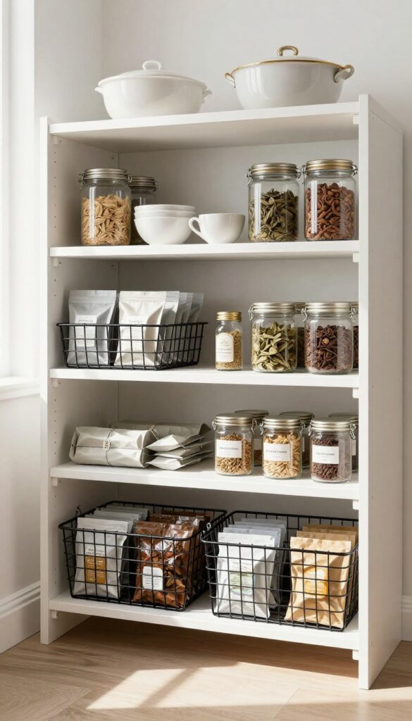 Under-shelf baskets in a pantry holding tea bags, foil, and spice jars, with natural light and clean composition.