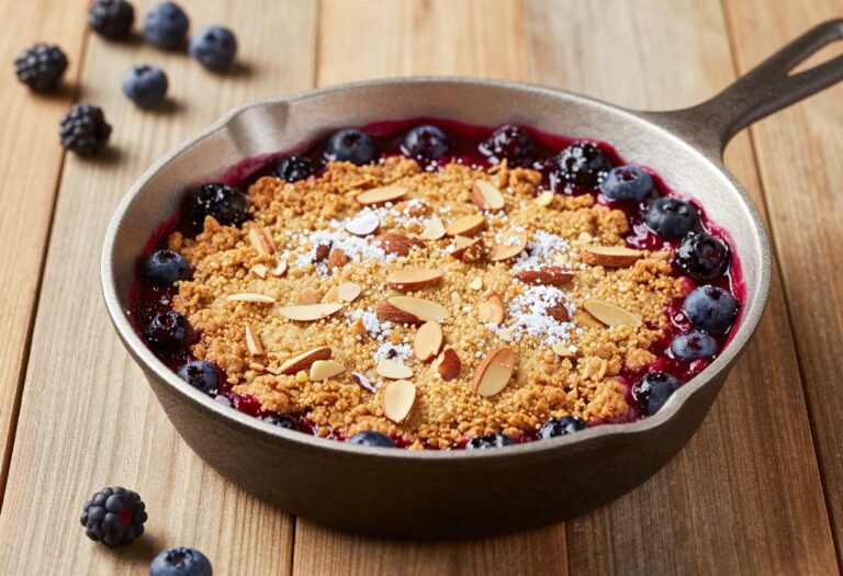 Keto berry crisp in a cast iron skillet with golden crumble topping and bubbling berry filling