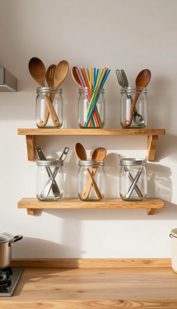 Mason jars mounted under a kitchen shelf holding utensils, rustic farmhouse style