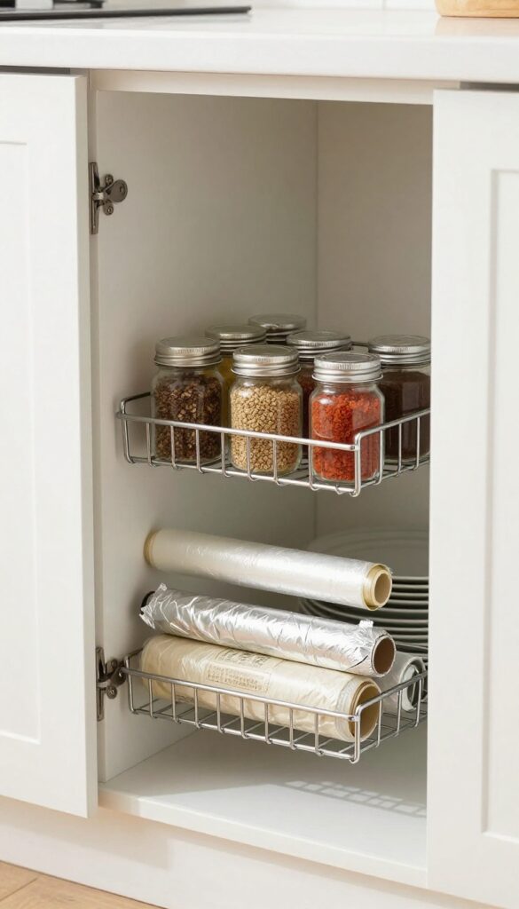 Over-the-door rack on a kitchen cabinet door holding spices and wraps