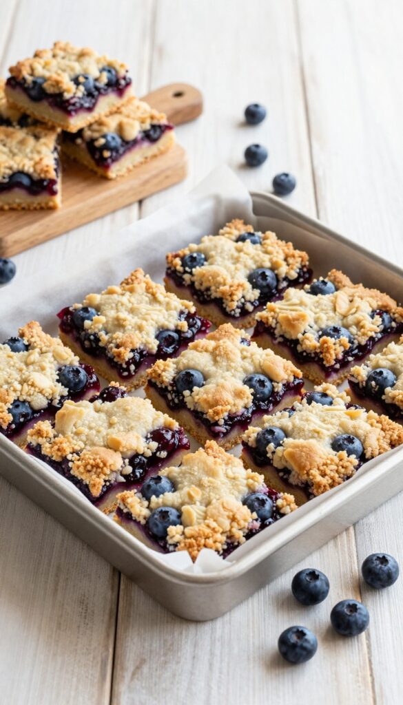 Gluten-free blueberry cobbler bars in a baking pan and stacked on a wooden board, with scattered blueberries.