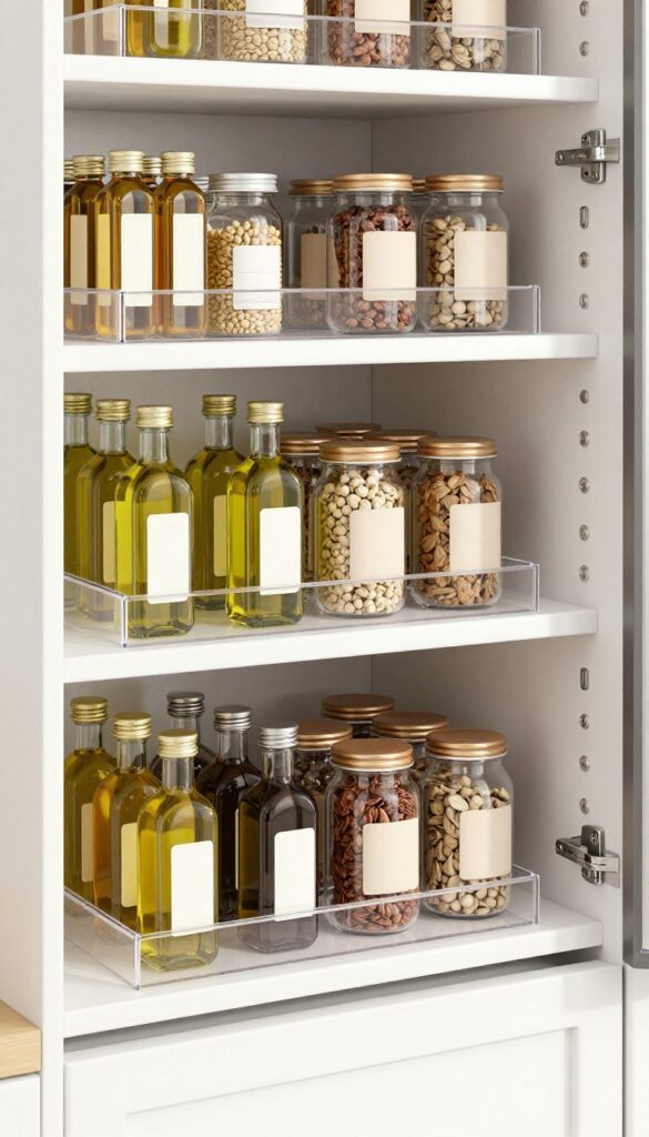 Clear acrylic lazy Susan on a lower wire shelf in a corner pantry, holding neatly arranged glass bottles of oil and vinegar with labels facing outward.