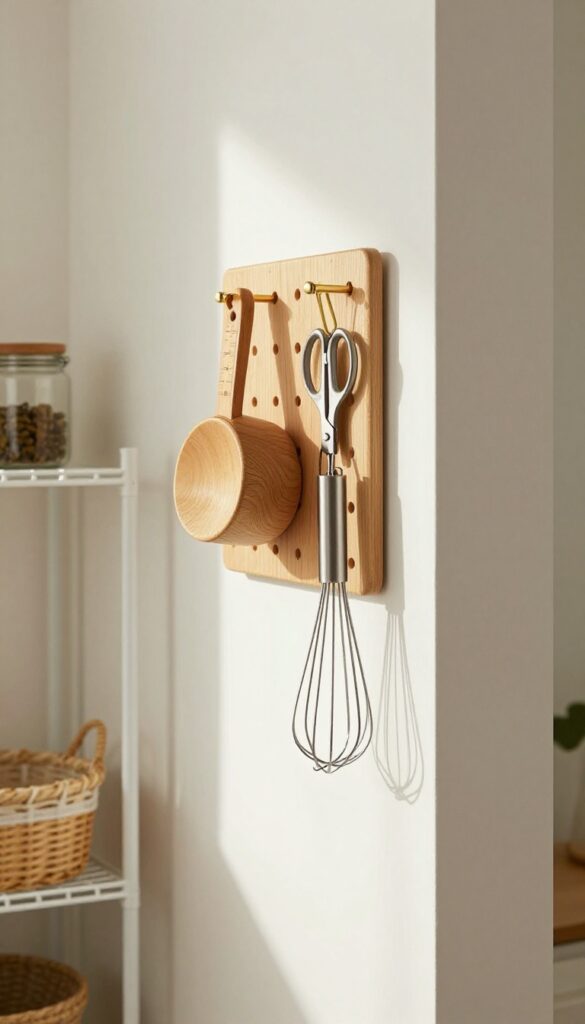 Warm wood pegboard mounted on side wall of pantry holding kitchen tools like measuring cup, scissors, and whisk.