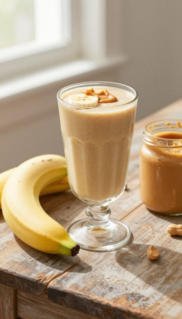 Classic peanut butter banana smoothie in a glass with banana and peanut butter garnish on a wooden table