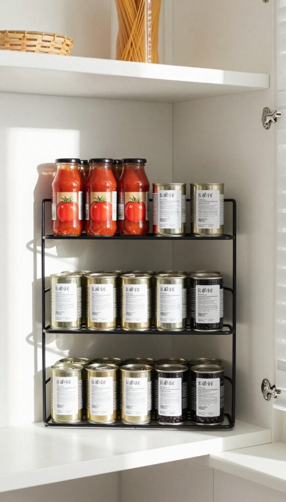 Tiered can racks on adjustable shelves in a bright pantry, with neatly organized cans showing labels.
