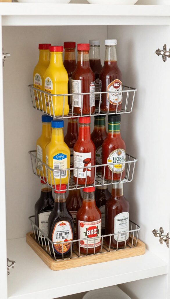 Tiered wire basket holding condiment bottles on a pantry shelf, organized and visible.