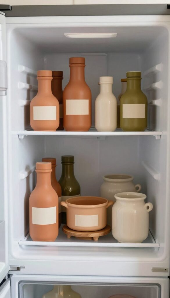 A cozy fridge corner with neatly arranged condiment bottles on a lazy Susan and in a ceramic crock, warm colors, natural light.