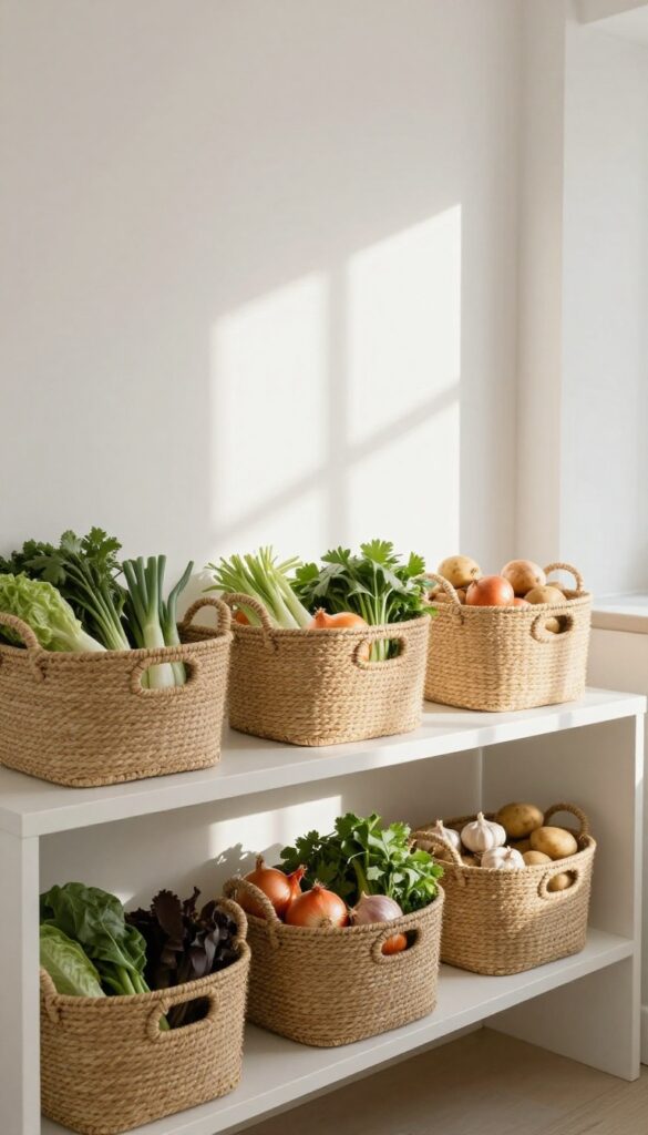 Woven seagrass baskets on a kitchen shelf filled with onions, garlic, and potatoes, with natural light and a clean, airy aesthetic.