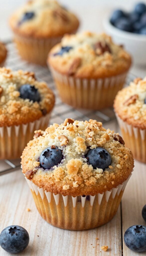 Coconut flour blueberry muffin with streusel topping on a wooden table, bright natural light, photorealistic food photography.