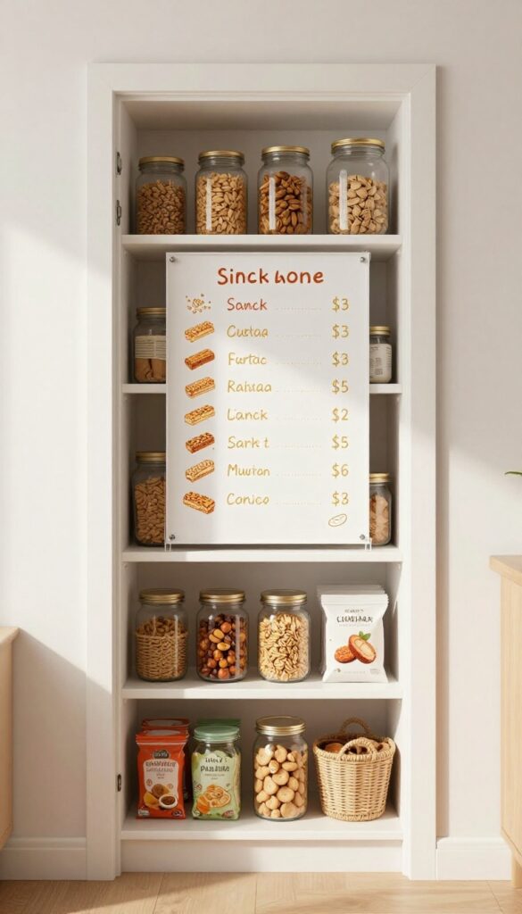 Bright pantry with acrylic menu board on door, organized shelves, and natural light