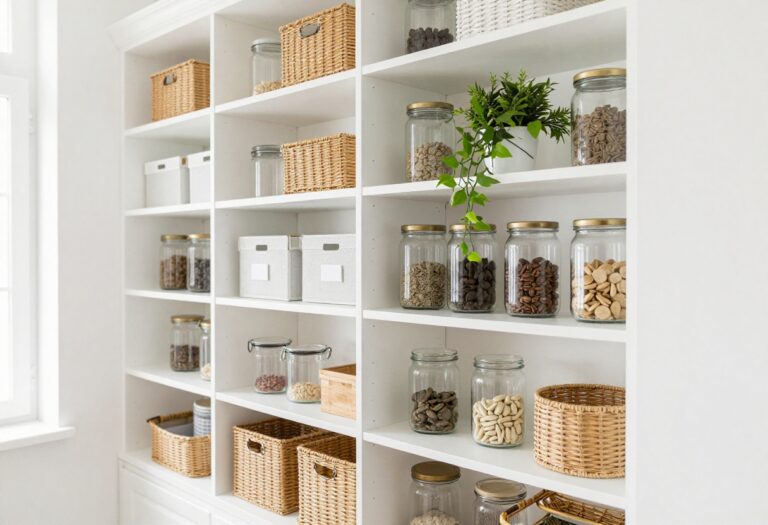 Bright and airy small pantry with organized white shelves, clear jars, and woven baskets