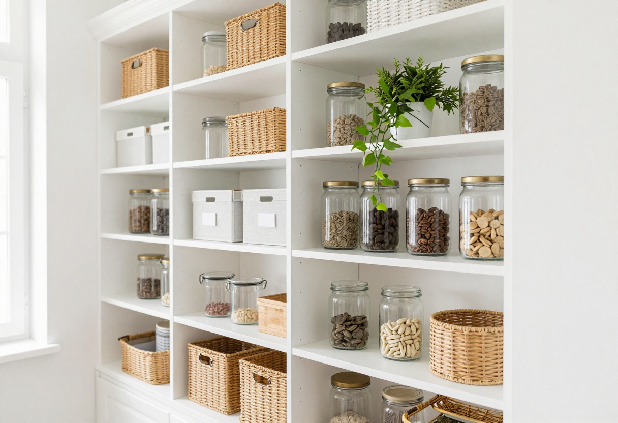 Bright and airy small pantry with organized white shelves, clear jars, and woven baskets