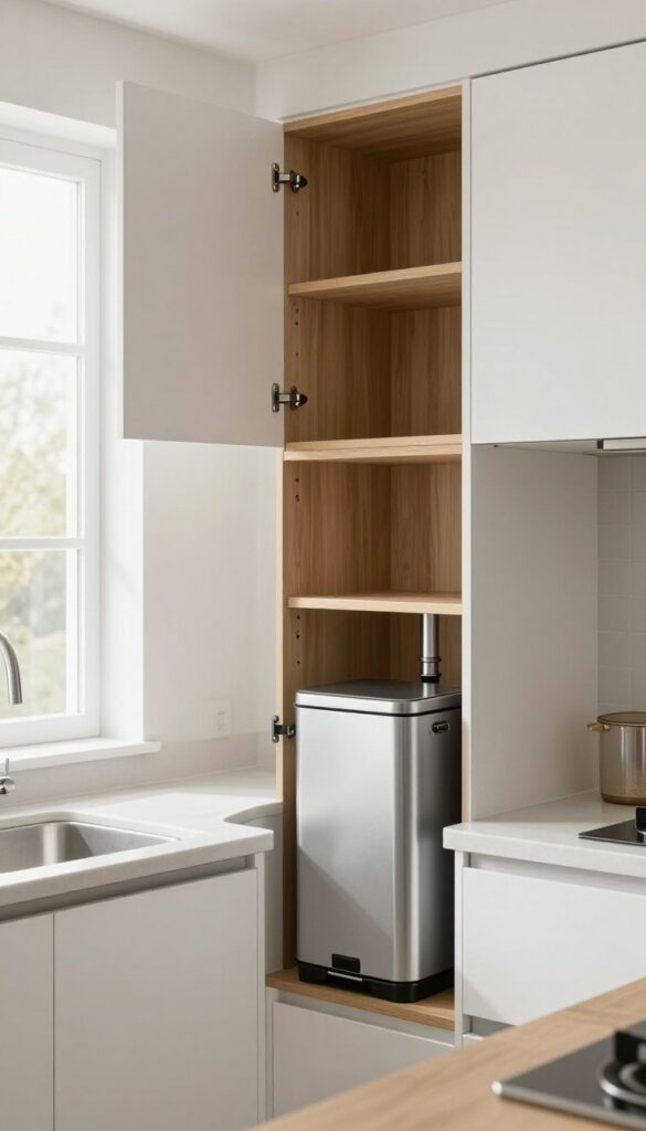 A slim pull-out trash can tucked beside the sink pipe in a clean, organized kitchen cabinet.