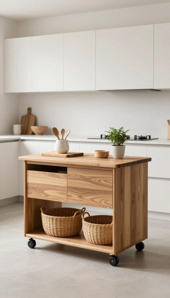 Rolling cart as mobile kitchen island with warm wood top, utensils, and plant in bright natural light
