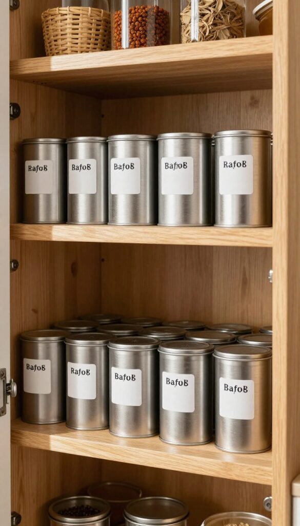 Inside of a pantry door with magnetic spice tins attached, arranged in rows, with warm natural light and wooden shelves in the background.