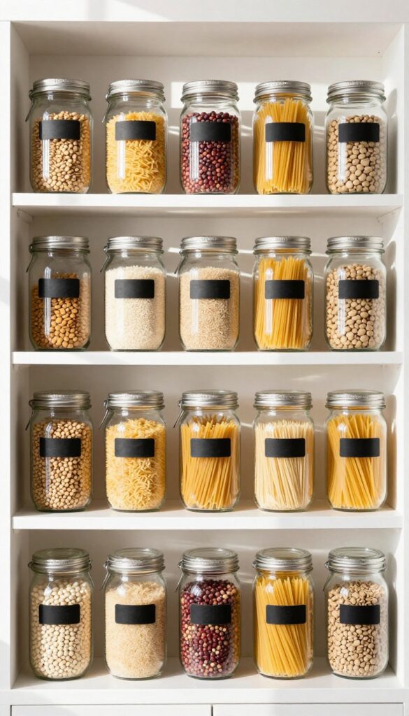 Rows of clear glass jars filled with pasta, rice, and beans on a pantry shelf, neatly organized with labels, natural light.