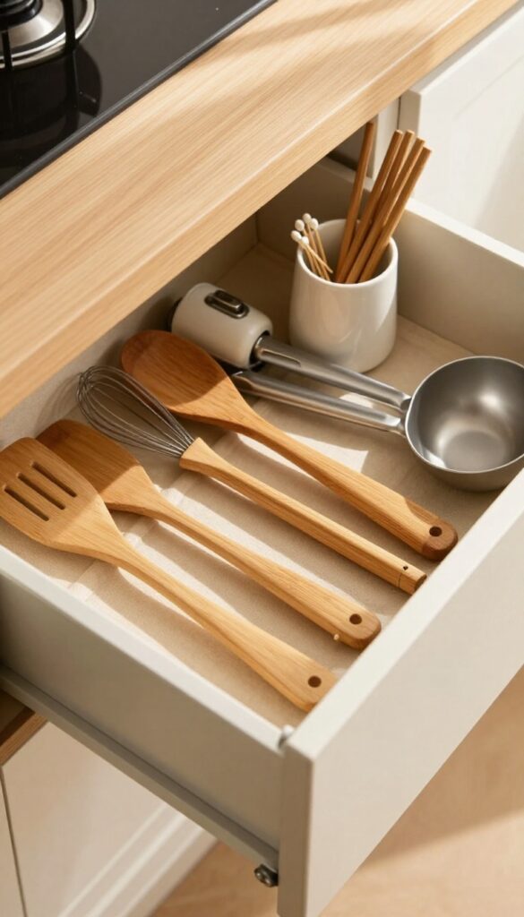 Neatly organized kitchen drawer with bamboo dividers separating utensils and small ceramic cup for chopsticks
