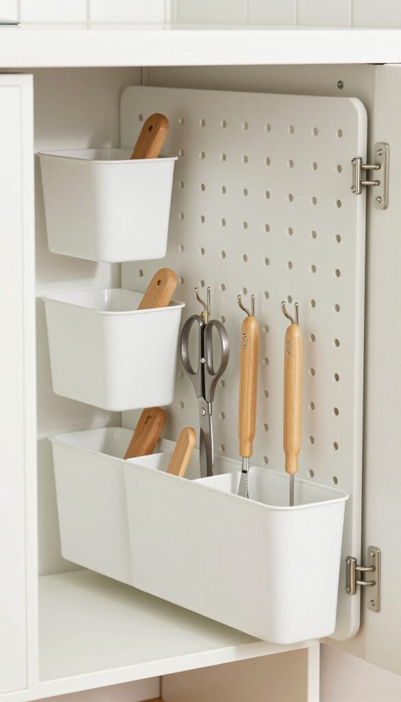 Deep drawer with modular pegboard system holding small bins and hooks for flexible pantry storage