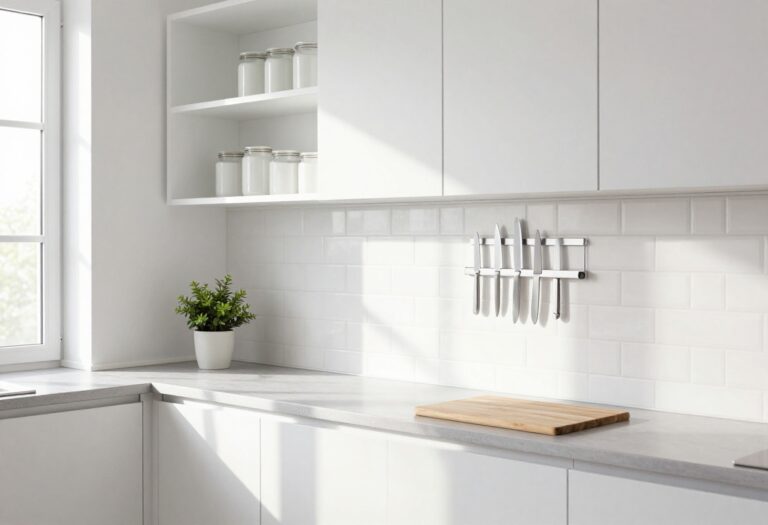 Modern kitchen with magnetic knife strip and floating shelf on wall, clean and organized