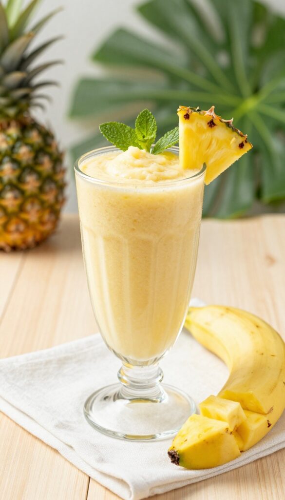 Creamy pineapple banana smoothie in a clear glass on a wooden table with fresh pineapple and banana, garnished with pineapple wedge and mint leaf, bright natural light.