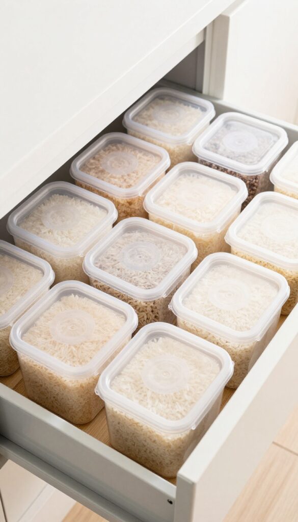 Open kitchen drawer with clear airtight plastic containers filled with rice, neatly organized, soft natural light, bamboo tray at bottom.