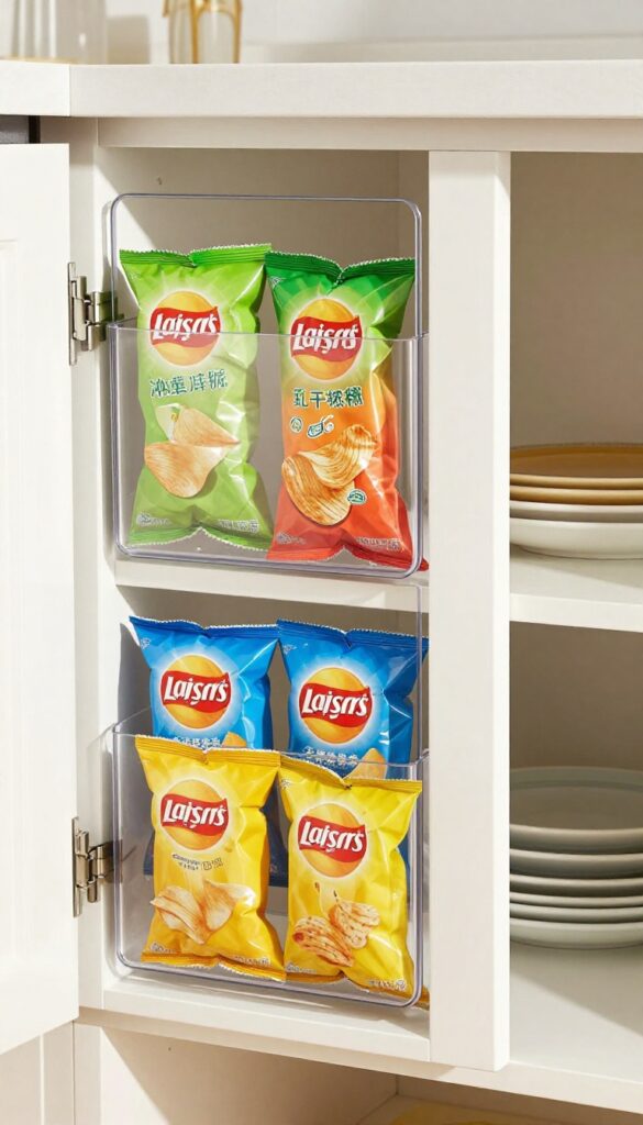 Clear over-the-door shoe organizer on a pantry door holding colorful chip bags, with natural light and organized pantry shelves in background.