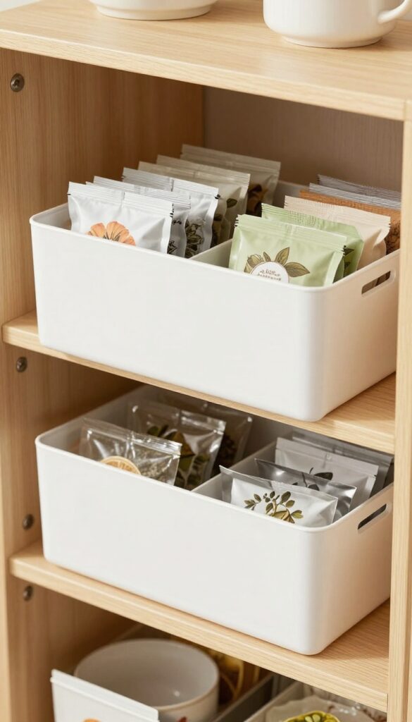 Adhesive pull-out baskets under shelves for pantry storage