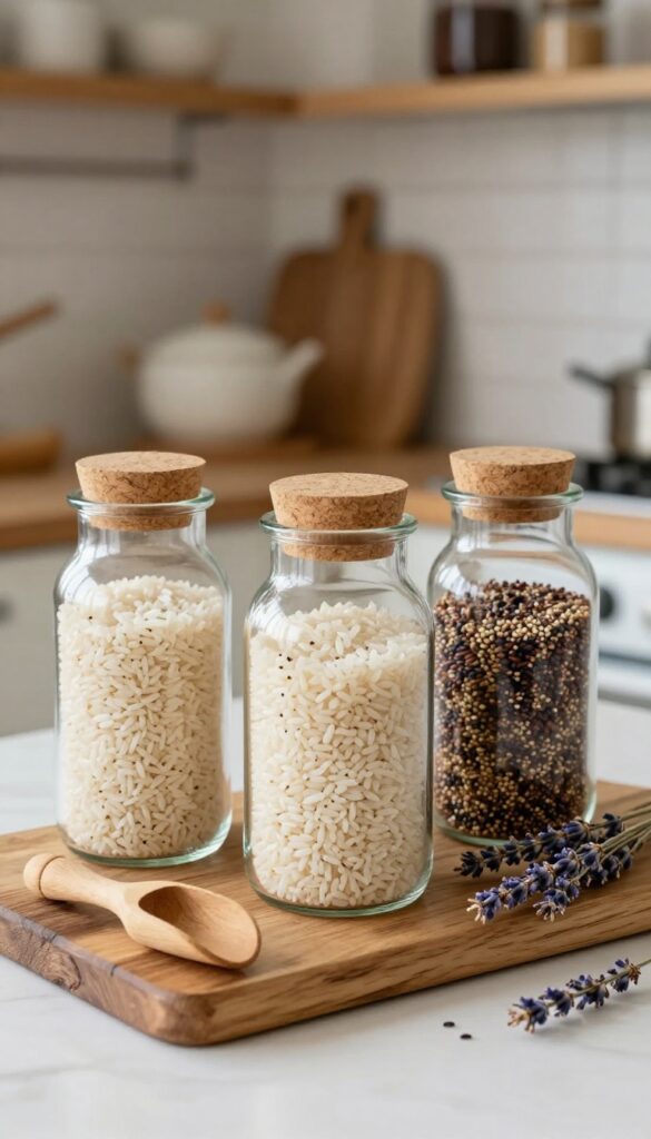 Three glass apothecary jars filled with rice and grains on a wooden board on a kitchen counter, with a scoop and lavender sprig.
