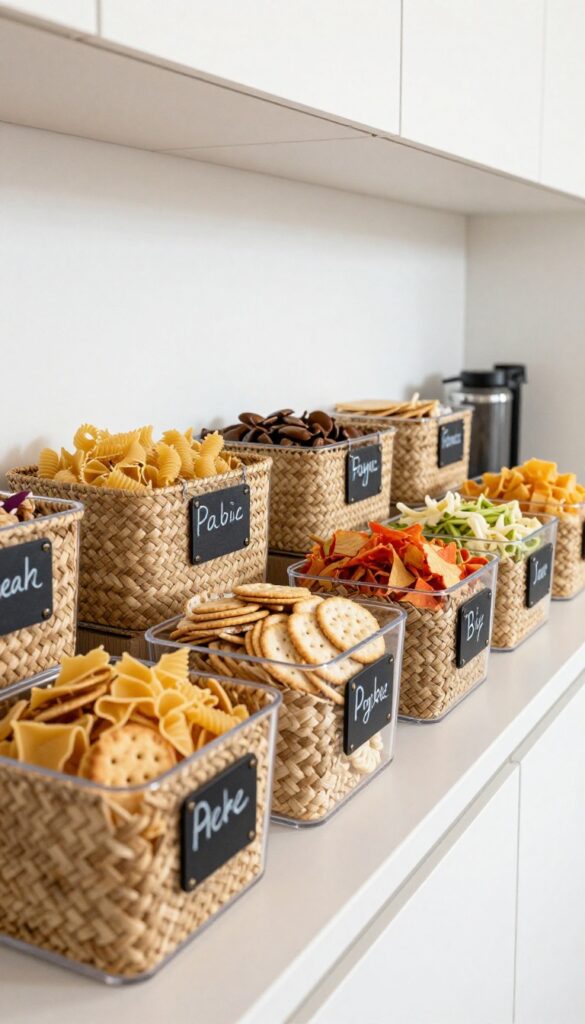 Open kitchen cabinet with labeled woven baskets and clear bins organizing pantry items