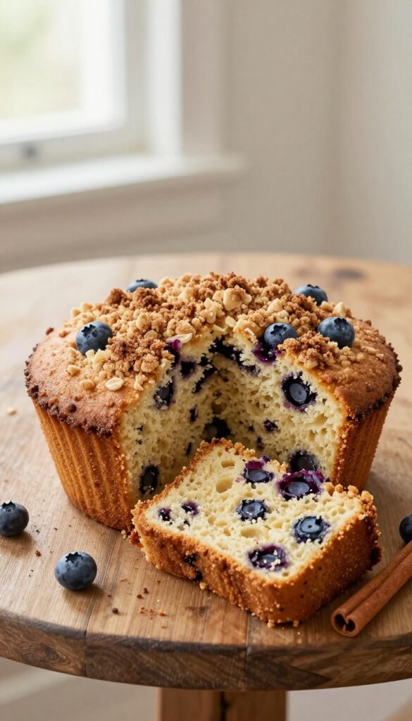 Oat flour blueberry muffin cake with cinnamon streusel topping on a wooden table
