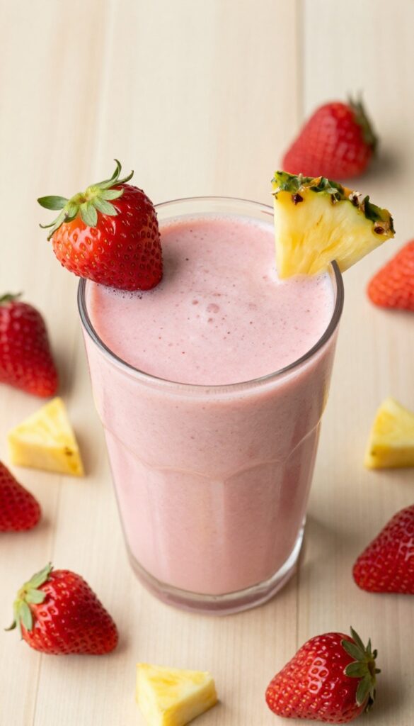 Pineapple strawberry cream smoothie in a glass with fresh fruit garnish on a wooden table