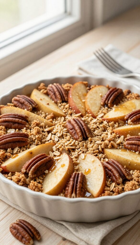 Maple pecan apple crisp in a baking dish with oat-pecan topping and maple syrup drizzle
