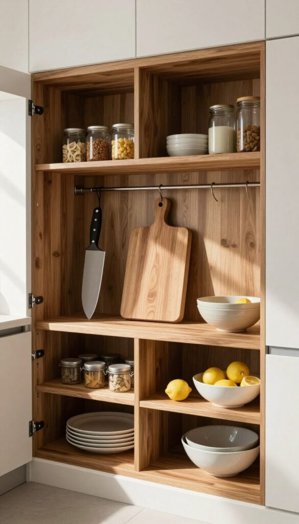 Pull-out cutting board in pantry with prep tools