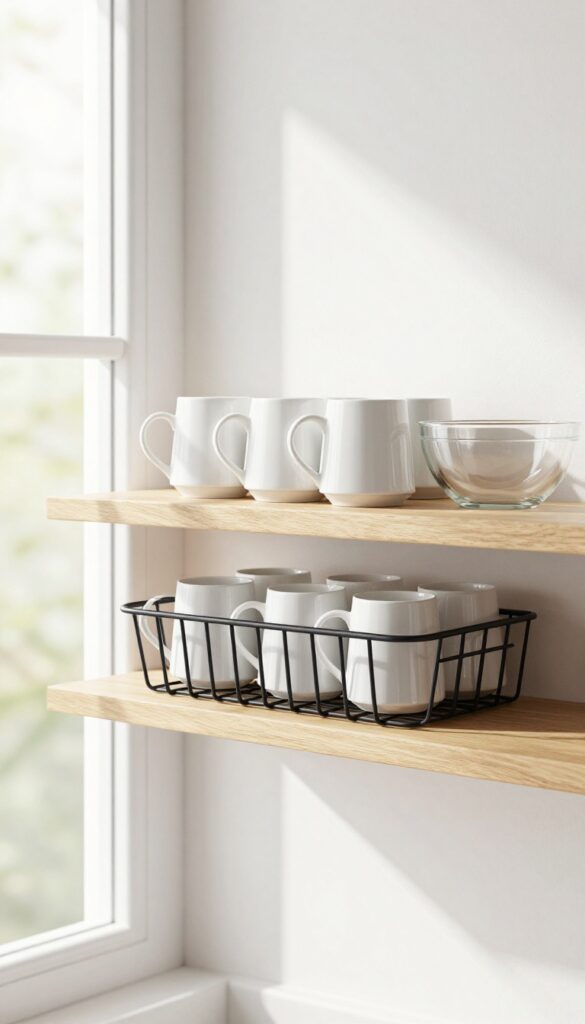 Under-shelf wire basket holding white mugs and a glass bowl on a kitchen shelf