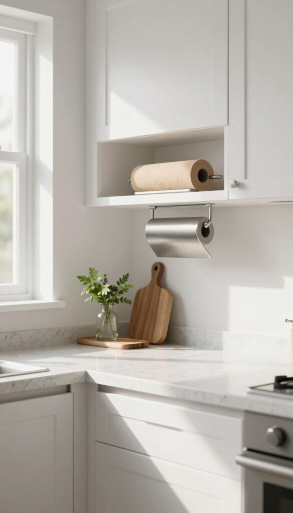 Under-cabinet paper towel holder in a small kitchen, freeing up counter space.