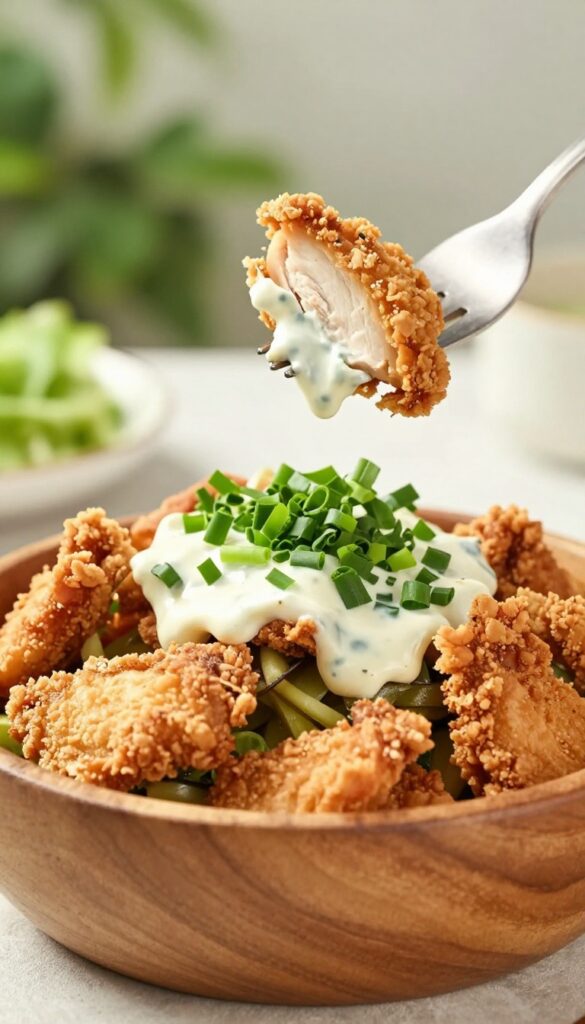 Close-up of fried chicken salad being lifted with a fork.